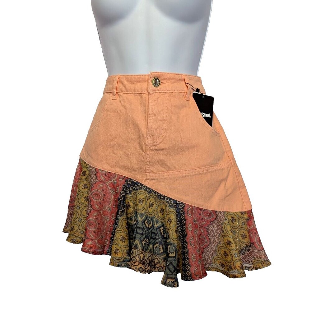 DESIGUAL NWT denim / jeans & chiffon skirt Sz 36EU or 2 US PACHTWORK BOHO $125ca